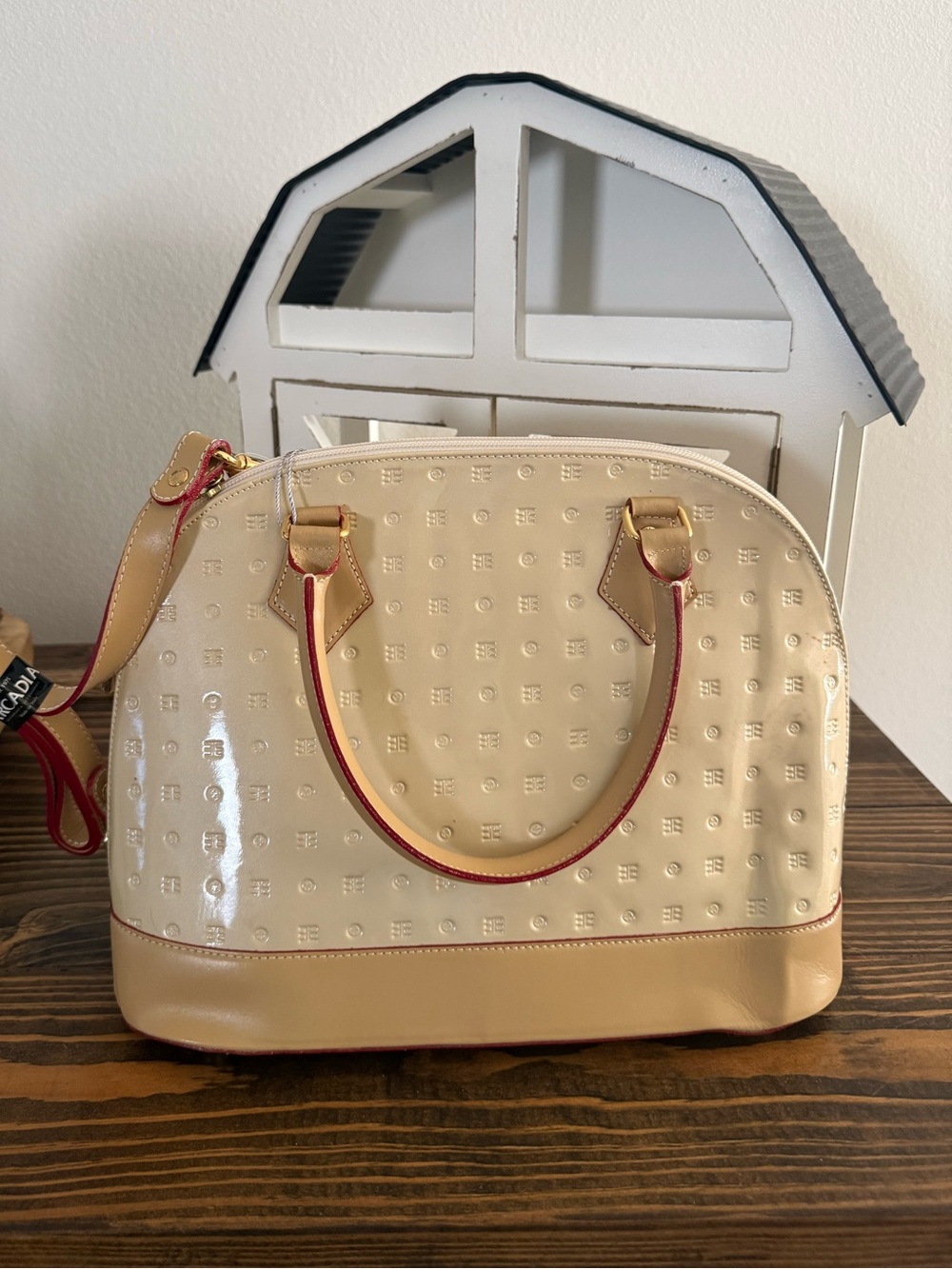 Arcadia Beige Patent Leather Women’s Tote Bag with Red-Trim Handle NWOT
